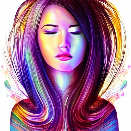 Image similar to portrait of a beautiful girl with iridescent translucent hair, her eyes are closed, hair is floating, digital art, ethereal, dim lighting