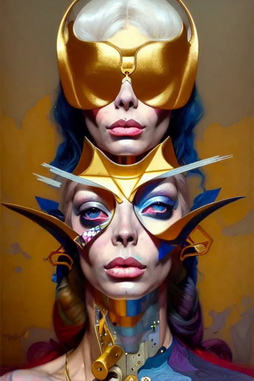 Prompt: portrait of isabelledeltore, patchwork doll, cyberpunk, elegant baroque, asymmetrical art, hyperrealism, colorful, vivid, imposing, epic, abstract texture, gold leaf texture, artstation, concept art, by peter mohrbacher and wlop and rhads and artgerm and magali villeneuve and alphonse mucha