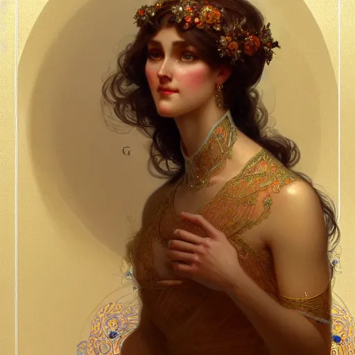 Image similar to character portrait of a modest woman, tall, feminine, powerful, modestly clothed, voluminous, intricate, elegant, highly detailed, digital painting, artstation, smooth, symmetrical, sharp focus, illustration, art by gaston bussiere and alphone mucha