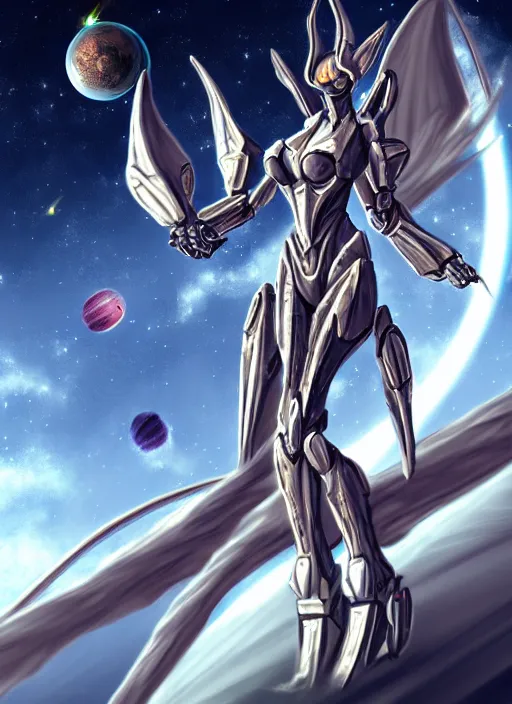 Image similar to goddess shot, galactic sized stunning beautiful anthropomorphic robot mecha female dragon, in space, larger than planets, posing elegantly, holding earth in sharp hand, detailed silver armor, epic proportions, epic scale, ultra detailed digital art, furry art, macro art, dragon art, giantess art, warframe fanart, furaffinity, deviantart, realistic