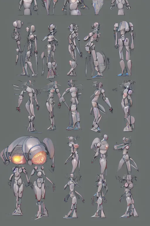 Prompt: cute robot mother, character concept, character reference sheet, front and side views, cute robot face details, by Makoto Shinkai, Stanley Artgerm Lau, WLOP, Rossdraws, James Jean, Andrei Riabovitchev, Marc Simonetti, krenz cushart, Sakimichan, trending on ArtStation, digital art, character design, lou romano color scheme