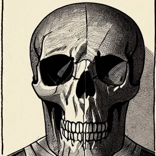 Image similar to a beautiful comic book illustration with a man in a skull head