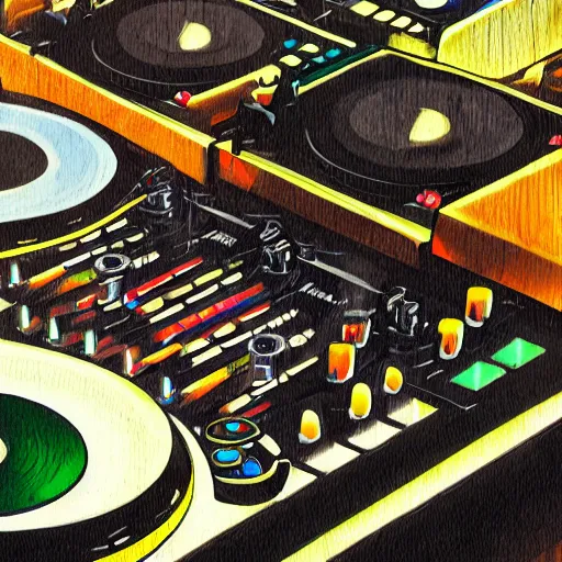 Image similar to painting of a dj mixing, trending on art station, deco art