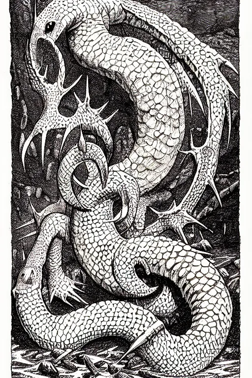 Prompt: ogopogo monster as a d & d monster illustration, full body, pen - and - ink illustration, etching, by russ nicholson, david a trampier, larry elmore, 1 9 8 1, hq scan, intricate details, inside stylized border