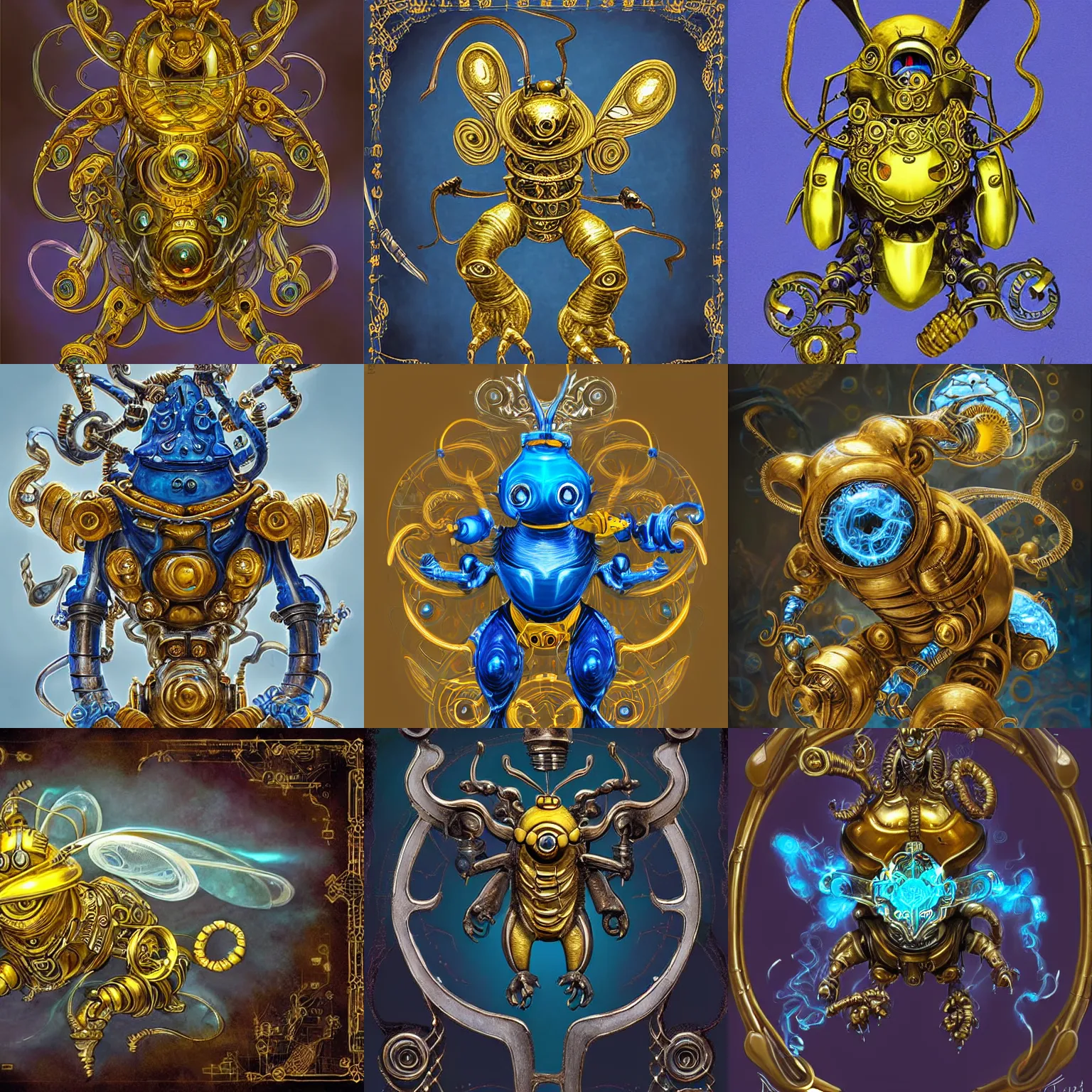 Prompt: Kaladesh concept art. Aether-powered bumble bee-rat mechanical homunculus. Gold decorative flourish metalwork, filigree, cogs, blown glass filled with glowing cyan blue plasma. Digital art by Sam Burley, Steven Belledin, Chris Rahn, Cynthia Sheppard, Daarken, Tyler Jacobson, Kieran Yanner.