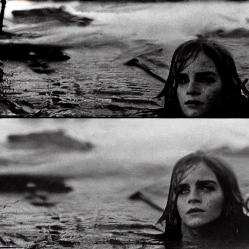 Image similar to film still, close up, emma watson rising out of muddy vietnam river, face covered in mud, low camera angle at water level, night time, film still from apocalypse now ( 1 9 7 9 ), 2 6 mm