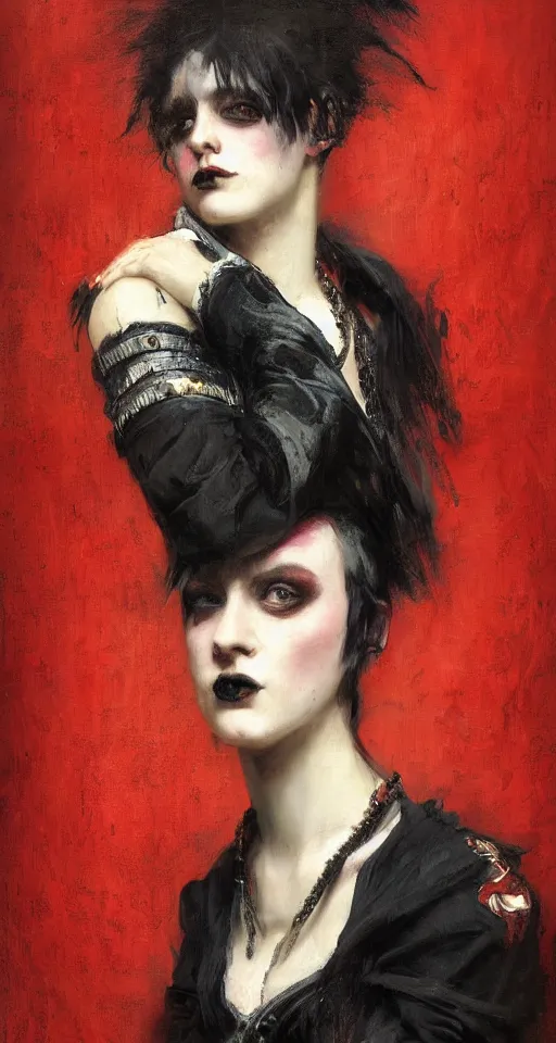 Image similar to Solomon Joseph Solomon and Richard Schmid and Jeremy Lipking victorian genre painting portrait painting of a young beautiful woman punk rock goth with punk rock haircut in fantasy costume, red background