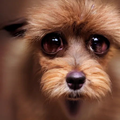 Image similar to closeup portrait of a small light brown furry dog with tongue licking its nose, cross eyed, tongue on nose, natural light, sharp, detailed face, magazine, press, photo, Steve McCurry, David Lazar, Canon, Nikon, focus