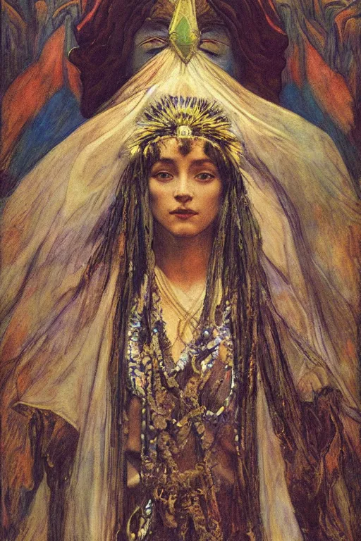 Image similar to queen of the moonlit mountains with her regalia, by Annie Swynnerton and Nicholas Roerich and jean delville, dramatic cinematic lighting , ornate headdress , flowing robes, lost civilizations, extremely detailed