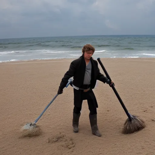 Image similar to Anakin Skywalker sweeping sand off the beach, high quality, professional photo