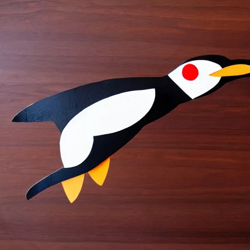 Image similar to wooden penguin flying in space, abstract