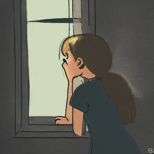 Image similar to girl looking out a window in a room full of garbage, lofi, detailed,