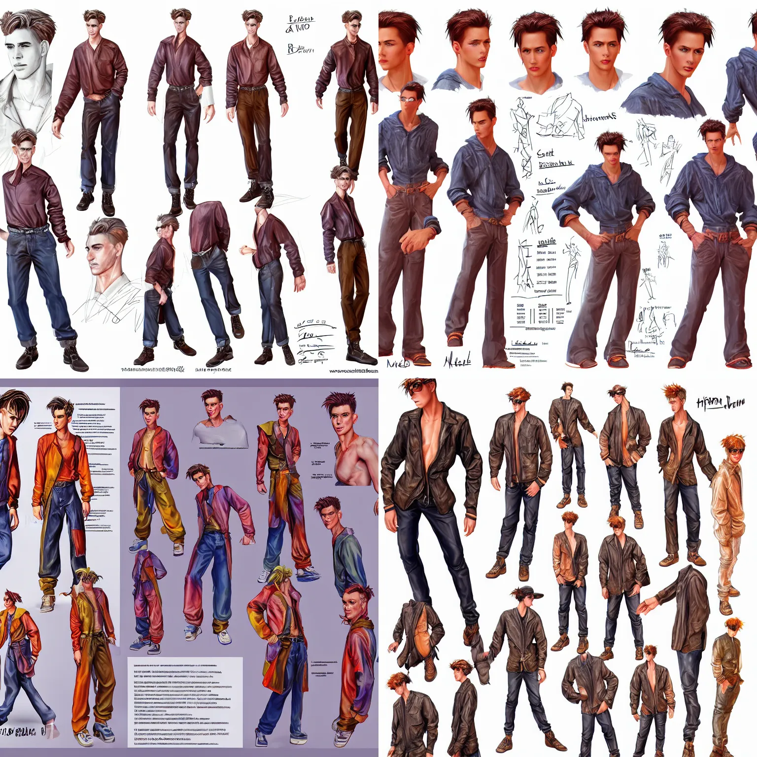 Prompt: traditional cinematic clean concept art of a vivid vibrant male 90s fashion character reference sheet in high quality with photographic details and bright values, clear face, realistic proportions, full body,