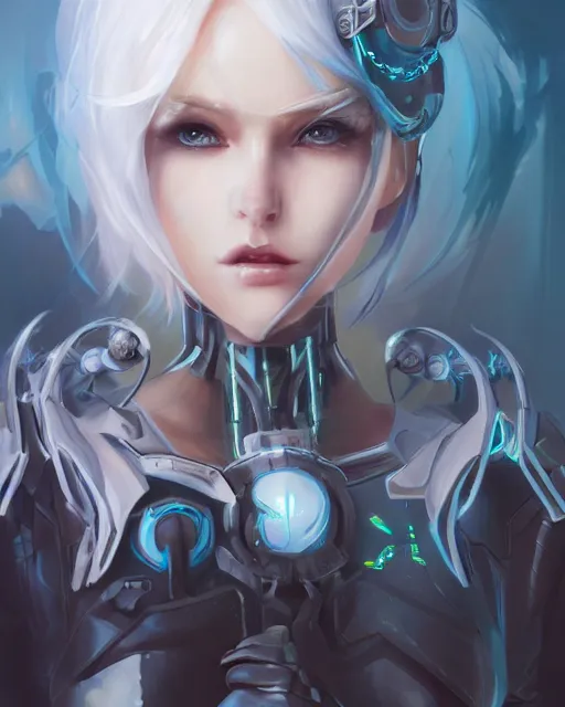 Image similar to holy cyborg necromancer girl, elegant, scifi, futuristic, utopia, garden, illustration, atmosphere, top lighting, blue eyes, white hair, focused, artstation, highly detailed, art by yuhong ding and chengwei pan and serafleur and ina wong