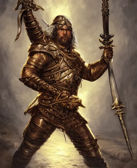 Image similar to strong warrior with legendary sword, fantasy, man, gilded shiny armour, highly detailed, contrast, digital painting, artstation, concept art, wallpaper, smooth, sharp focus, illustration, illumination, raytracting, art by larry elmore, jeff easley, clyde waldwell, keith parkinson, daniel r horne