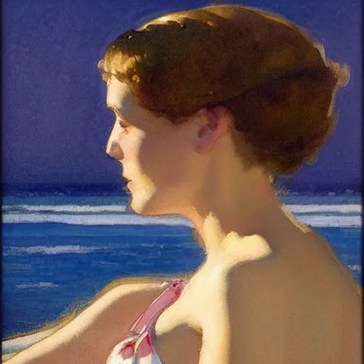 Prompt: woman on the beach, black dress, facing front, part leyendecker style, part dean cornwell style