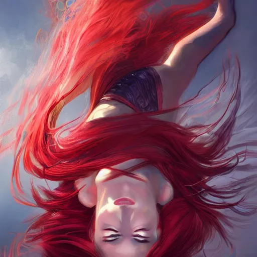 Image similar to a red haired goddess hanging upside down, intricate, elegant, highly detailed, digital painting, artstation, concept art, sharp focus, illustration, in the style of magic the gathering