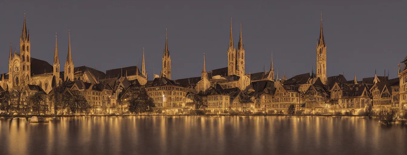 Image similar to Digital painting of Neo-Gothic Zurich, Limmat and the lake at night, wide angle, volumetric light, hyperdetailed, Alsp in the background, artstation, cgsociety, 8k