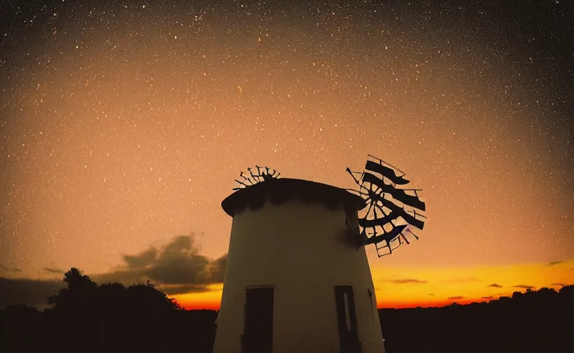 Image similar to “ sunset windmill with meteor shower in the background, cinematic, award winning ”