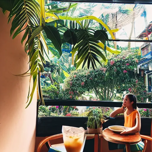 Image similar to a thin, pretty young Filipino girl sits near the window of a cute seaside Cafe with an espresso, golden morning light, cozy, tropical plants, Spirited Away