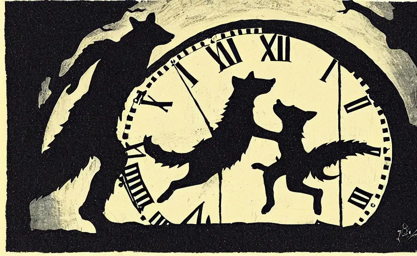 Image similar to a boy fighting a wolf on the edge of a clocktower, screen print