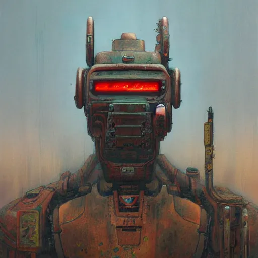 Image similar to rusty and old samurai robot, beksinski and cyberpunk 2 0 7 7 style painting,