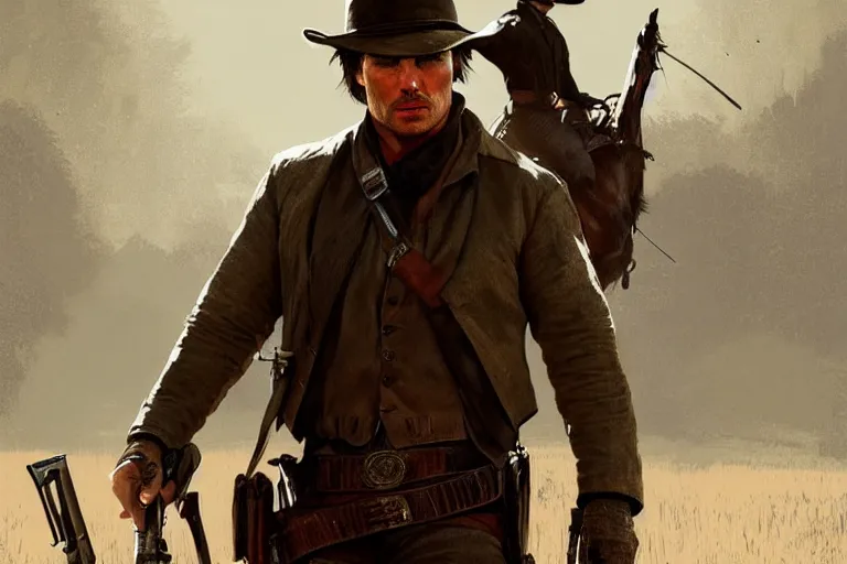 Prompt: tom cruise as a character in a scene from red dead redemption, artstation, concept art, smooth, sharp focus, illustration, art by and greg rutkowski and alphonse mucha