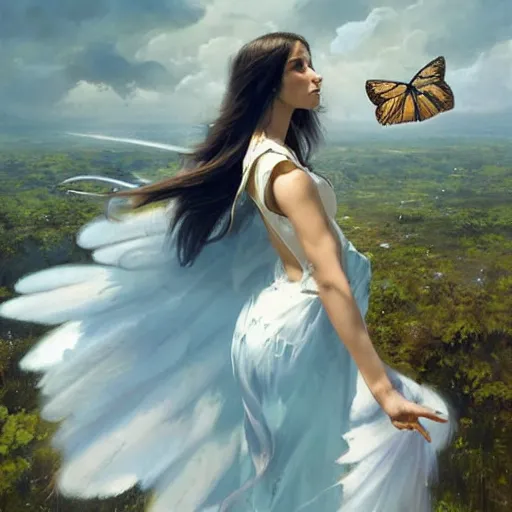 Prompt: a brunette colombian woman wearing a white dress, with beautiful blue and yellow butterfly wings on her back, flying, looking up to the sky, fantasy painting by greg rutkowski