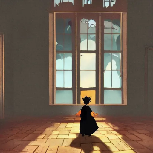 Image similar to the magician with a black robe inside a abandoned house, shadows, lurker, studio ghibli, anime