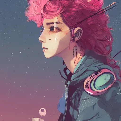 Prompt: close up, attractive sports woman in archery, a grungy cyberpunk anime, very cute, by super ss, curly pink hair, night sky by wlop, james jean, victo ngai, highly detailed