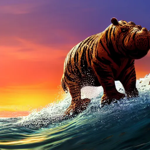 Image similar to a closeup photorealistic photograph of a cute smiling knitted tiger hippopotamus riding a wave at sunset. surf in background. professional capture. brightly lit scene. this 4 k hd image is trending on artstation, featured on behance, well - rendered, extra crisp, features intricate detail, epic composition and the style of unreal engine.