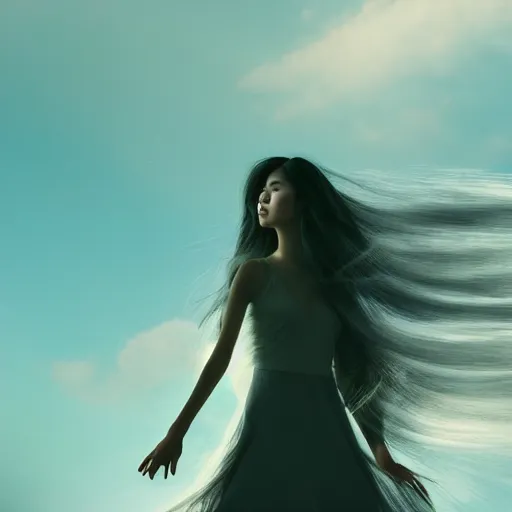 Image similar to a thin, pretty young Filipino woman with long hair floats dramatically in the air in a dreamy world in the distance, her face is in shadow, very beautiful, inspiring, hopeful, dramatic lighting, abstract digital art, trending on artstation