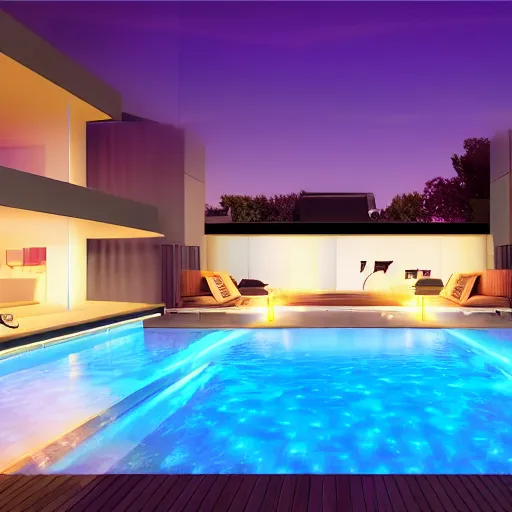 Image similar to philips hue led strip lighting, swiming pool, scene, colourful, 8 k, unreal engine, realistic, house and home, luxury,