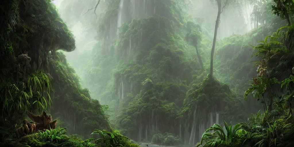 Prompt: a beautiful matte painting of a jungle location filled with green foliage and misty undergrowth, inhabited by various types of animal life and magical plants, by Christophe Vacher and Bastien Lecouffe-Deharme, trending on artstation, vivid color scheme,wide angle,highly detailed,v-ray render,photorealistic,4k render