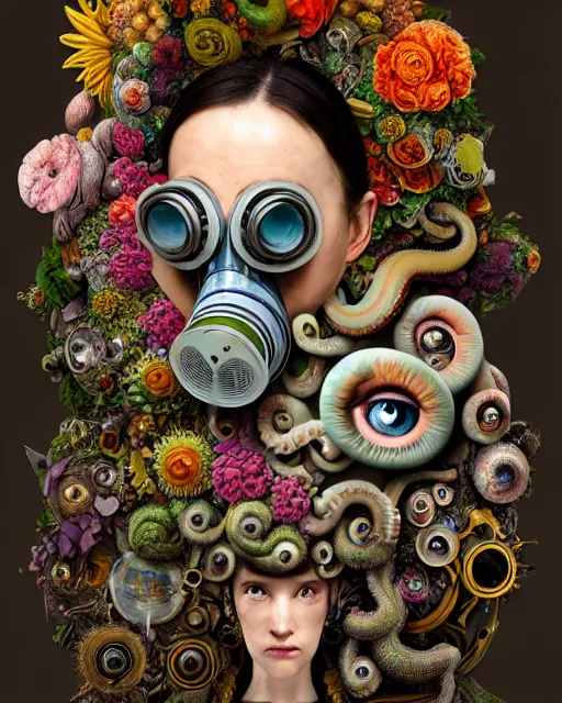 Prompt: a maximalist biomorphic portrait with with large eyes, expressive, wearing a botanical gas mask by arcimboldo, baroque painting by ayami kojima, mark ryden, haunting surrealism by dali, cephalopod, focus on head, soft light, 4 k, octane high quality render