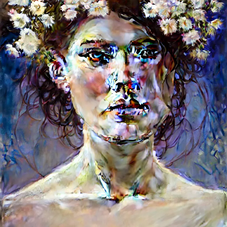 Prompt: hyperrealist wonderful face portrait of a queen with a clear skin, her dress is decorated with white flowers on the head that fall like vines and wears. by jeremy mann and alphonse mucha, fantasy art, photo realistic, dynamic lighting, artstation, poster, volumetric lighting, very detailed faces, 8 k, award winning