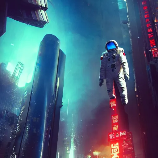 Image similar to professional photo of astronaut from low angle shot with cyberpunk city on background, blade runner, hyperrealistic masterpiece, trending on artstation, cgsociety, kodakchrome, golden ratio, cinematic, composition, beautiful lighting, hyper detailed, sharp focus, octane render, 4 k, unreal engine