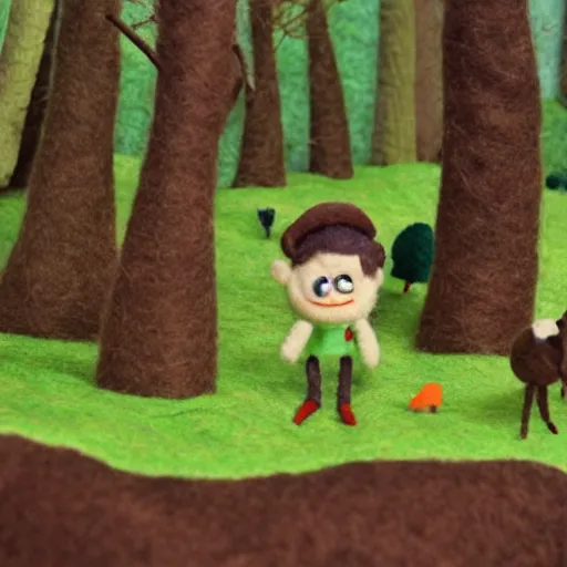 Image similar to Over the Garden Wall, greg and wirt are lost in the forest, scene made of felt and wool, claymation