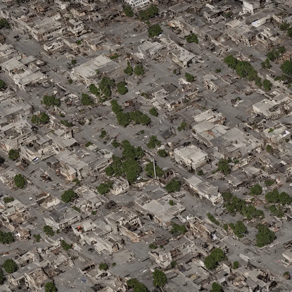 Image similar to top down aerial view of dilapidated city center in real life, desolate with zombies, dilapidated, zombies in the streets, nightmarish, some rusted style parked vehicles, sunny weather, few clouds, volumetric lighting, photorealistic, daytime, autumn, sharp focus, ultra detailed, cgsociety