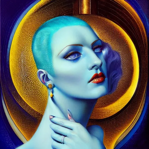 Image similar to a woman with blue and gold hair, an art deco painting by art of brom and karol bak and aurel bernath, featured on behance and cgsociety, fantasy art, gothic art, poster art, art deco, tarot card, pre - raphaelite