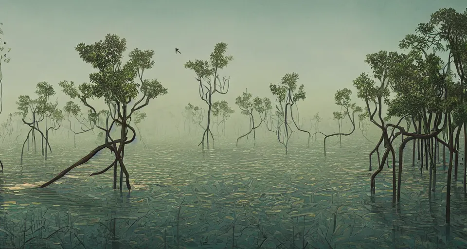 Image similar to A fantastic mangrove, by simon stalenhag