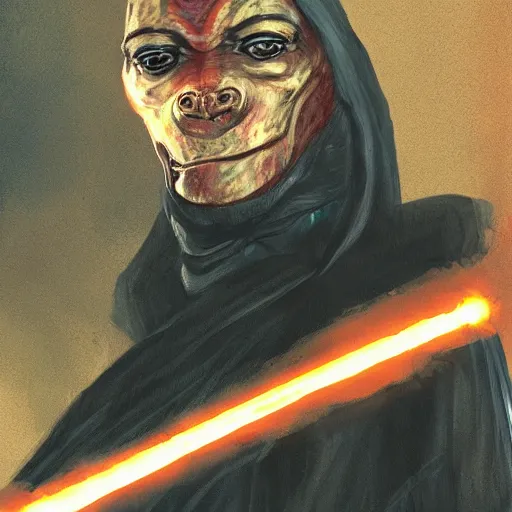 Image similar to Jar Jar Binks as a Sith Lord, portrait