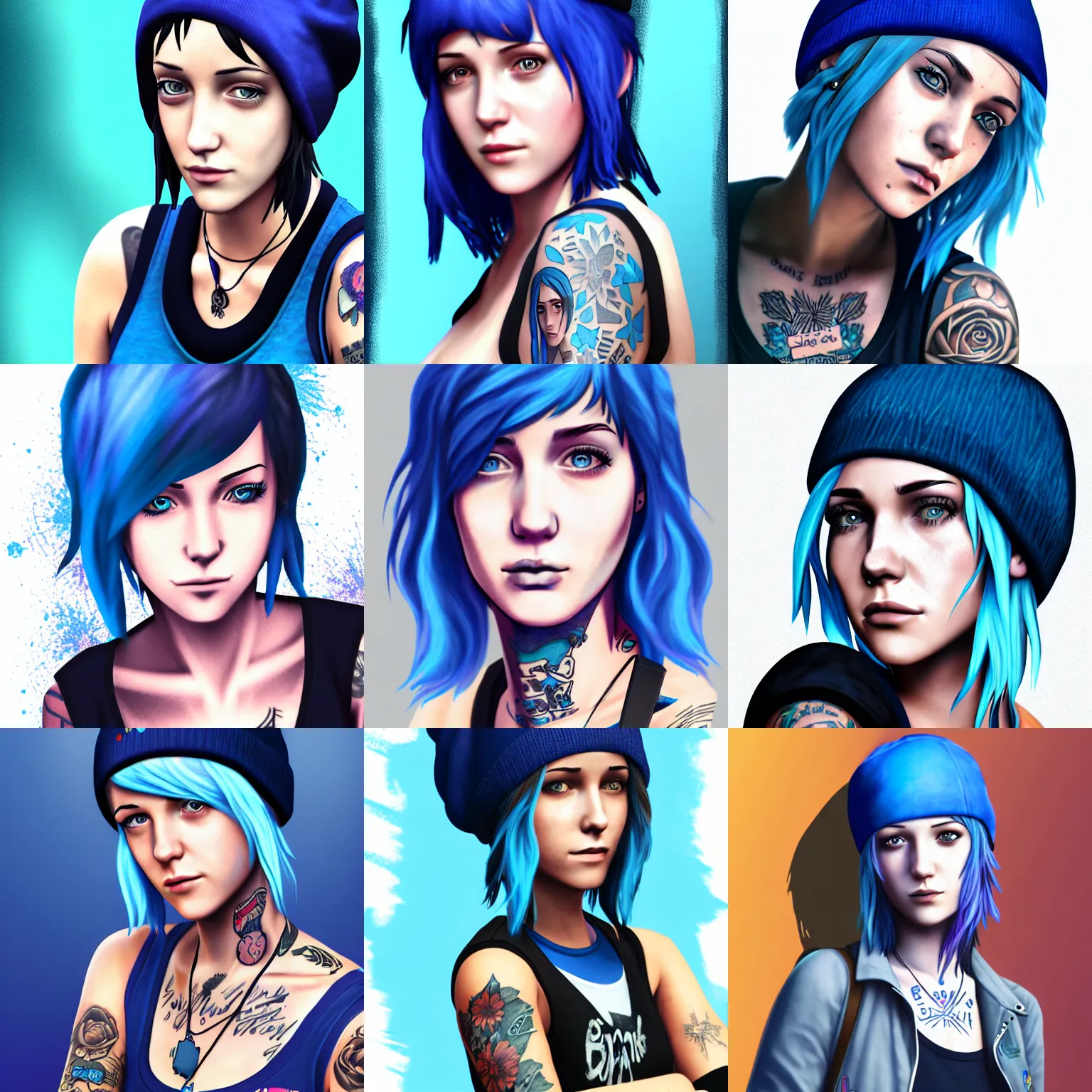 Prompt: Chloe Price from Life is Strange, blue hair, dark blue beanie, tattoo sleeve on her right arm, 4k, digital art, illustration, photorealistic