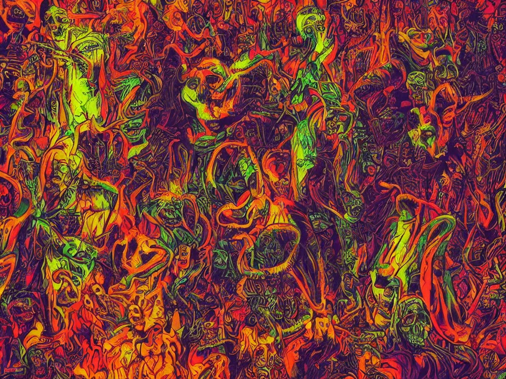 Prompt: a psychedelic tour through the hell filled with demons, dark colours, patterns, highly realistic, 4 k, 8 k, scary