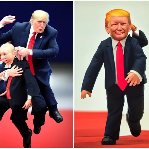 Image similar to Putin giving baby trump a piggyback ride, baby trump has a full trump haircut