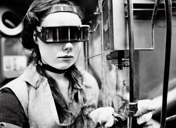 Image similar to close - up portrait of a young woman wearing a choker and welding goggles, in a subway, richard avedon, tri - x pan