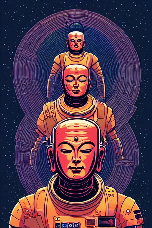 Image similar to protrait cyborg astronaut buddha meditating illustration, golden ratio, post grunge portrait, concept art by josan gonzalez, james jean, Mike Mignola, Laurie Greasley, highly detailed, sharp focus, alien, Artstation, deviantart, artgem