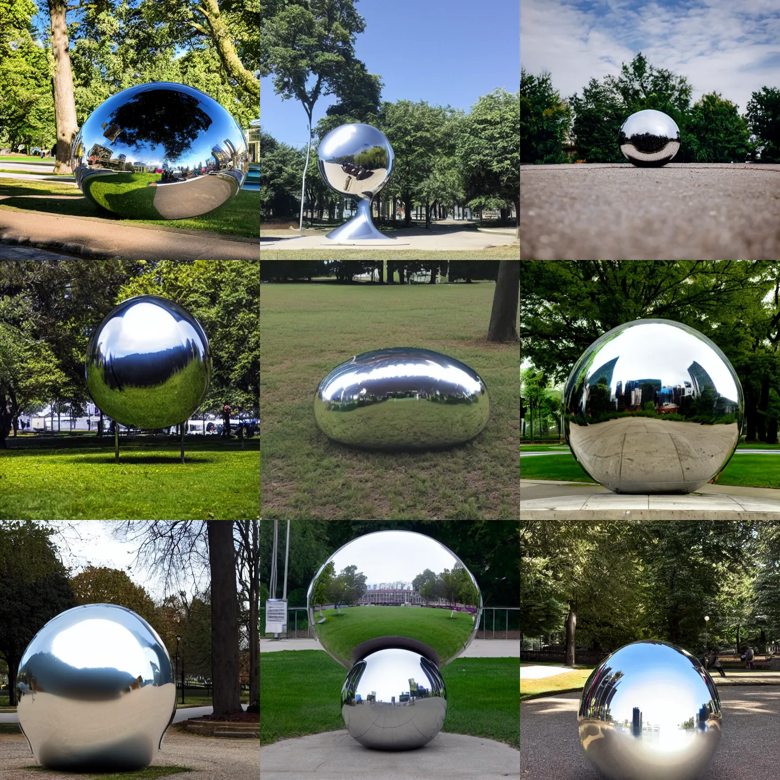 Prompt: photo of a chrome blob in a city park