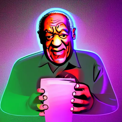 Image similar to Bill Cosby offering large glowing drink in nightclub background, colorful 16k hyper realistic illustration