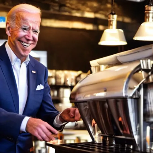 Prompt: Joe Biden, the ultimate barista, making a latte, low lit coffee shop